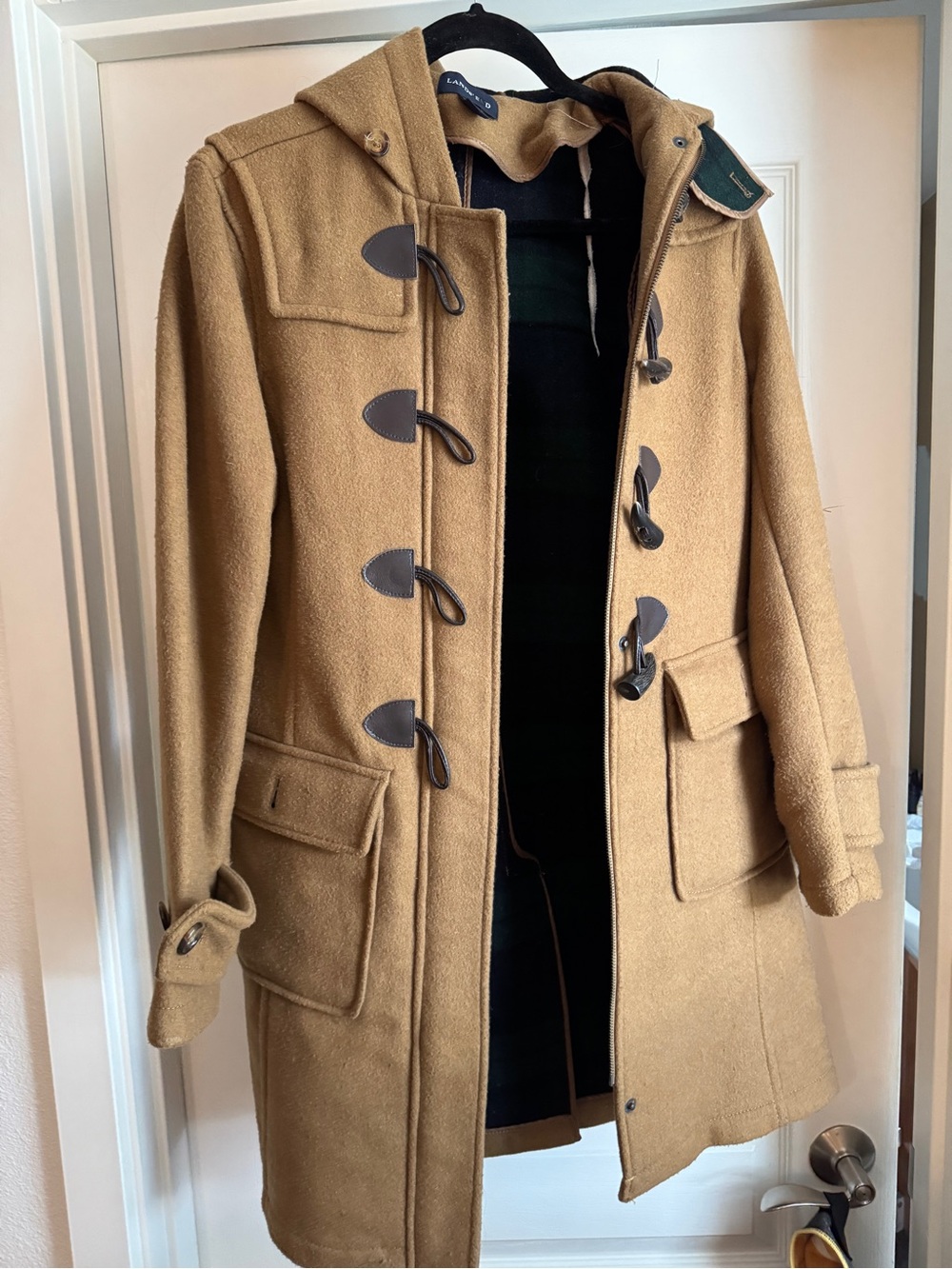 Lands' End Camel Toggle Hooded Wool-Blend Pea Coat